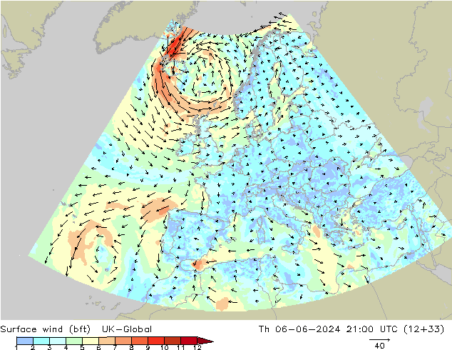 Surface wind (bft) UK-Global Th 06.06.2024 21 UTC