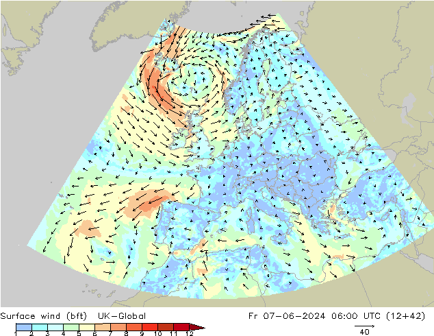 Surface wind (bft) UK-Global Fr 07.06.2024 06 UTC