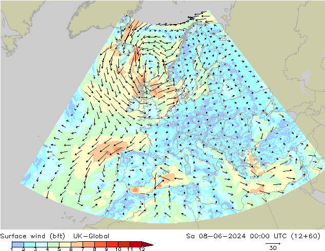 Surface wind (bft) UK-Global Sa 08.06.2024 00 UTC