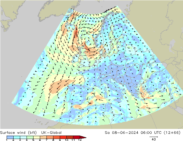 Surface wind (bft) UK-Global Sa 08.06.2024 06 UTC