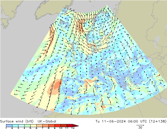 Surface wind (bft) UK-Global Tu 11.06.2024 06 UTC