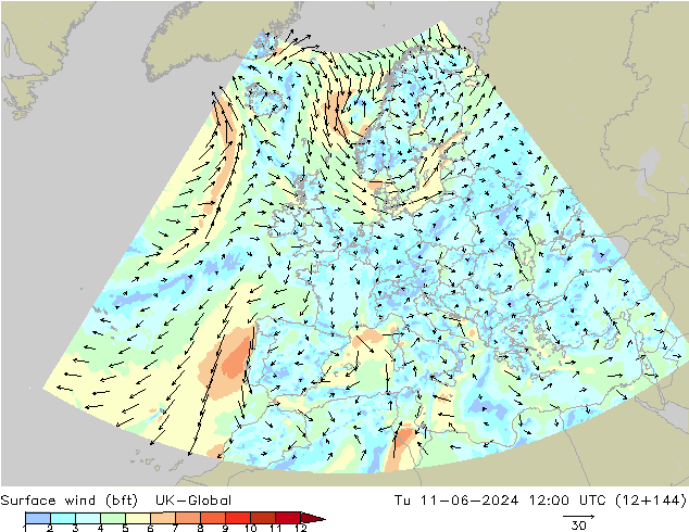 Bodenwind (bft) UK-Global Di 11.06.2024 12 UTC