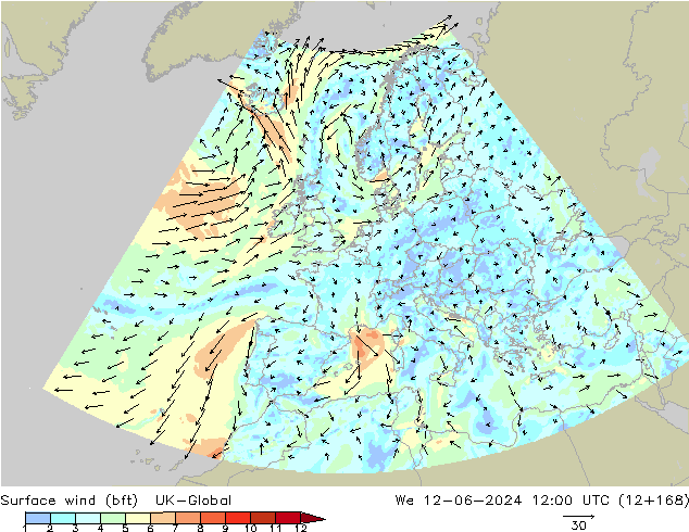 Surface wind (bft) UK-Global We 12.06.2024 12 UTC