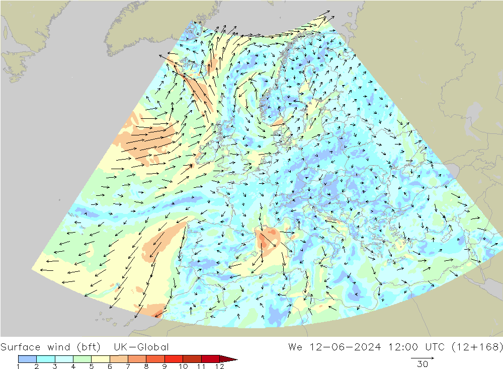  10 m (bft) UK-Global  12.06.2024 12 UTC