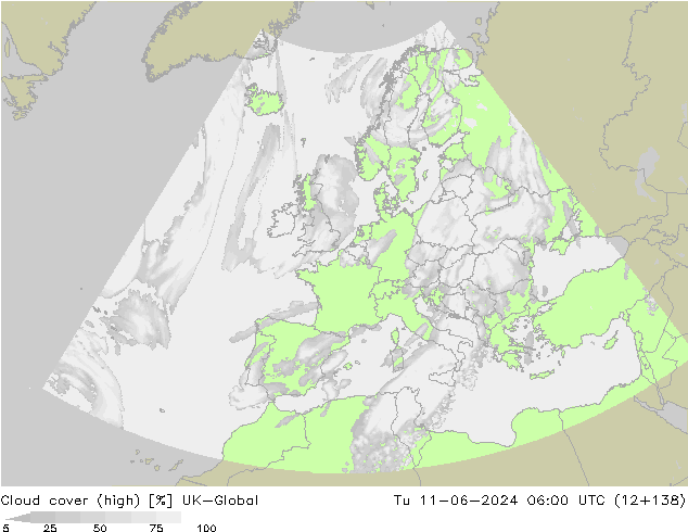 Cloud cover (high) UK-Global Tu 11.06.2024 06 UTC