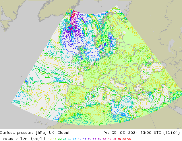 Isotachs (kph) UK-Global mer 05.06.2024 13 UTC
