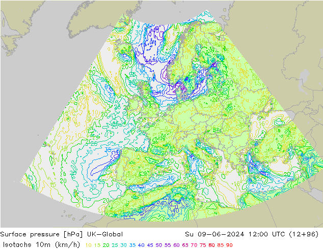 Isotachen (km/h) UK-Global zo 09.06.2024 12 UTC