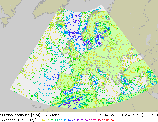 Isotachs (kph) UK-Global Su 09.06.2024 18 UTC