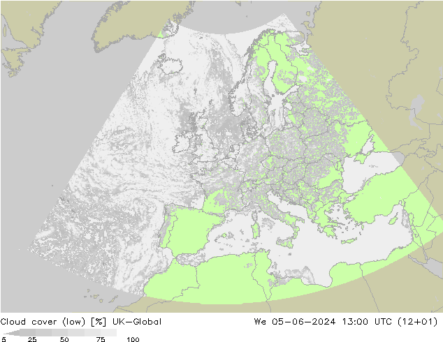 Cloud cover (low) UK-Global We 05.06.2024 13 UTC