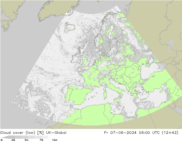 Cloud cover (low) UK-Global Fr 07.06.2024 06 UTC