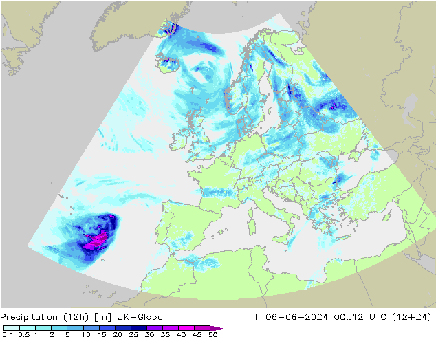 Totale neerslag (12h) UK-Global do 06.06.2024 12 UTC