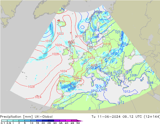 Srážky UK-Global Út 11.06.2024 12 UTC
