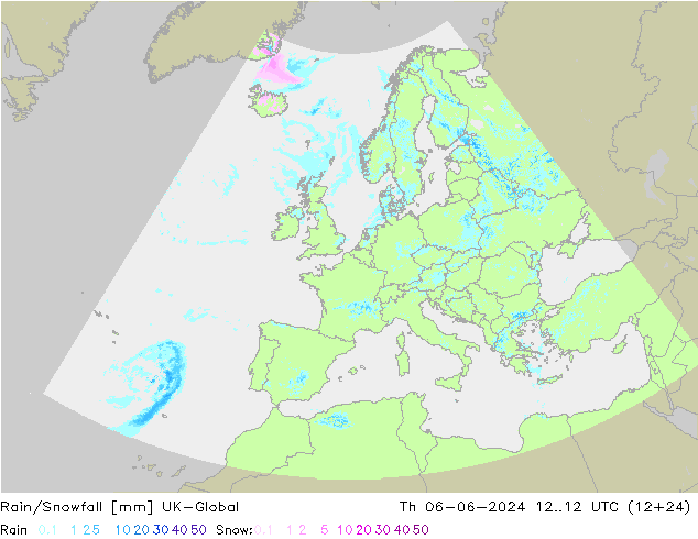 Rain/Snowfall UK-Global Qui 06.06.2024 12 UTC