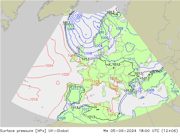 Pressione al suolo UK-Global mer 05.06.2024 18 UTC