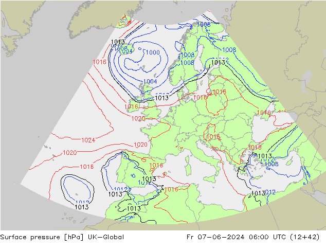 Pressione al suolo UK-Global ven 07.06.2024 06 UTC