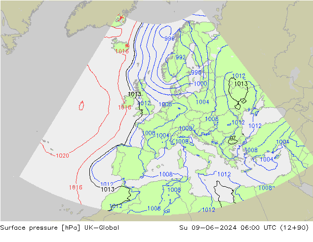 Surface pressure UK-Global Su 09.06.2024 06 UTC