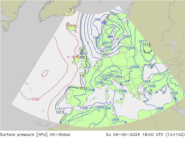 Atmosférický tlak UK-Global Ne 09.06.2024 18 UTC