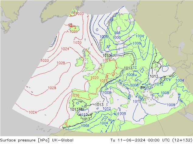Surface pressure UK-Global Tu 11.06.2024 00 UTC