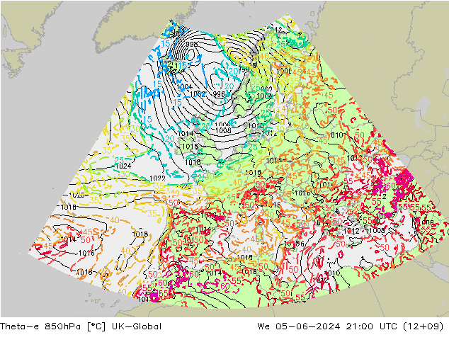 Theta-e 850hPa UK-Global wo 05.06.2024 21 UTC