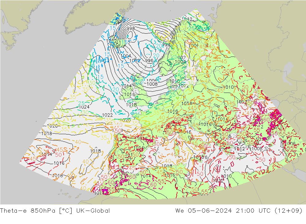 Theta-e 850hPa UK-Global wo 05.06.2024 21 UTC