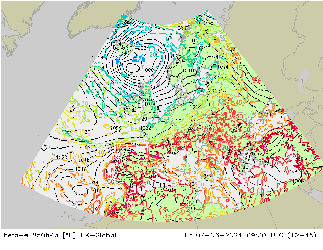 Theta-e 850hPa UK-Global Pá 07.06.2024 09 UTC