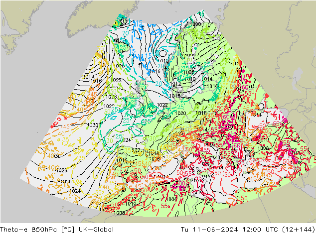 Theta-e 850hPa UK-Global Tu 11.06.2024 12 UTC