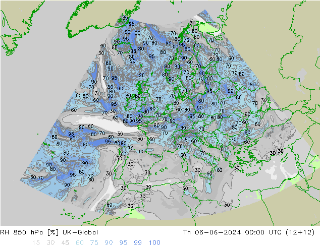 RH 850 hPa UK-Global Th 06.06.2024 00 UTC