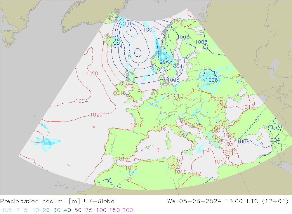 Precipitation accum. UK-Global mer 05.06.2024 13 UTC