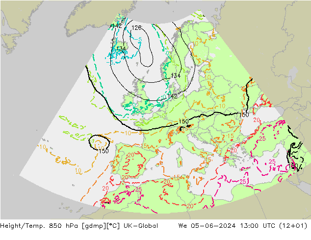 Géop./Temp. 850 hPa UK-Global mer 05.06.2024 13 UTC