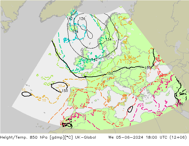 Géop./Temp. 850 hPa UK-Global mer 05.06.2024 18 UTC