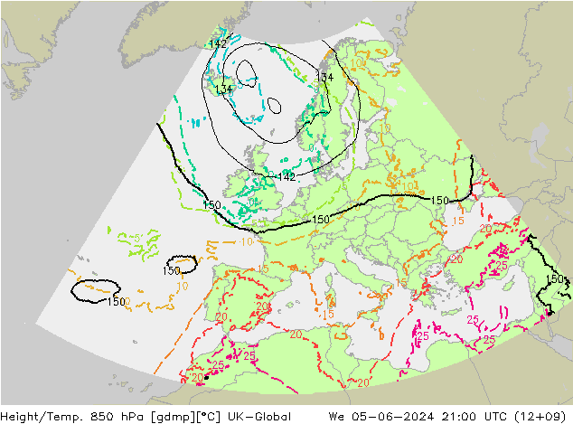 Hoogte/Temp. 850 hPa UK-Global wo 05.06.2024 21 UTC
