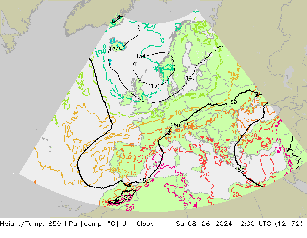 Height/Temp. 850 hPa UK-Global Sa 08.06.2024 12 UTC
