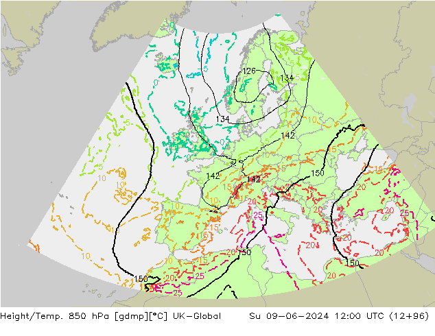 Height/Temp. 850 hPa UK-Global Su 09.06.2024 12 UTC