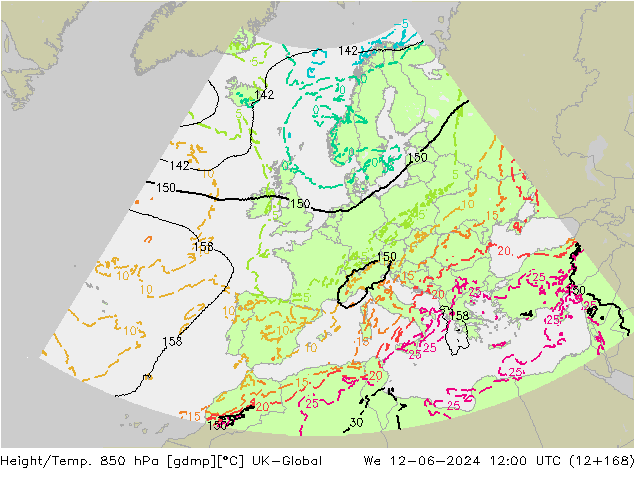Height/Temp. 850 hPa UK-Global We 12.06.2024 12 UTC