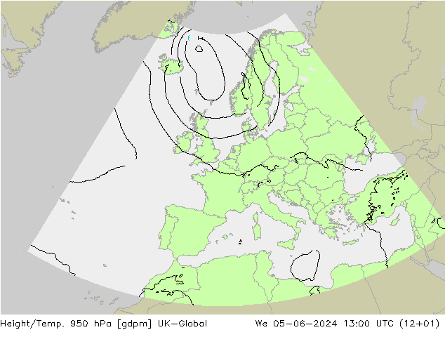 Height/Temp. 950 hPa UK-Global mer 05.06.2024 13 UTC