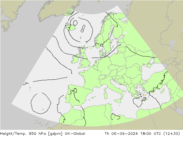 Height/Temp. 950 hPa UK-Global czw. 06.06.2024 18 UTC