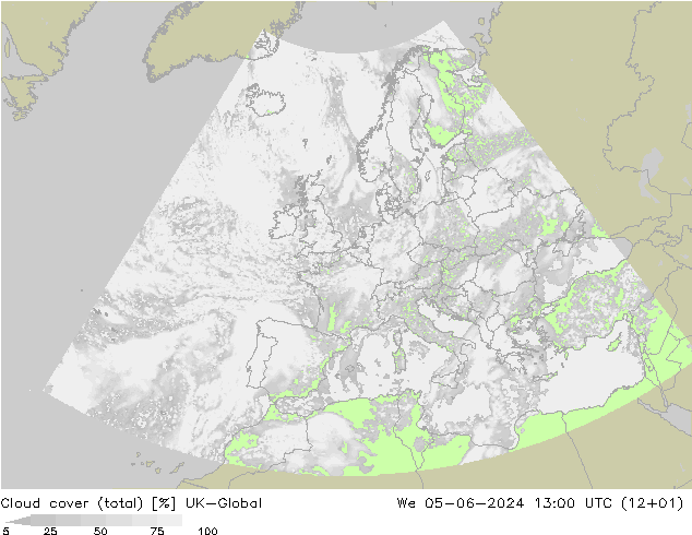 Cloud cover (total) UK-Global We 05.06.2024 13 UTC