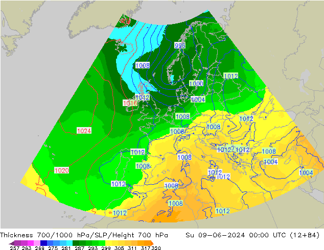Thck 700-1000 hPa UK-Global nie. 09.06.2024 00 UTC