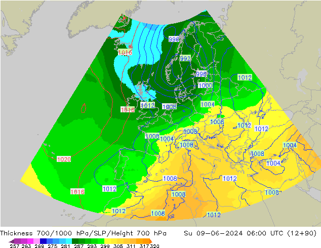 Thck 700-1000 hPa UK-Global Su 09.06.2024 06 UTC