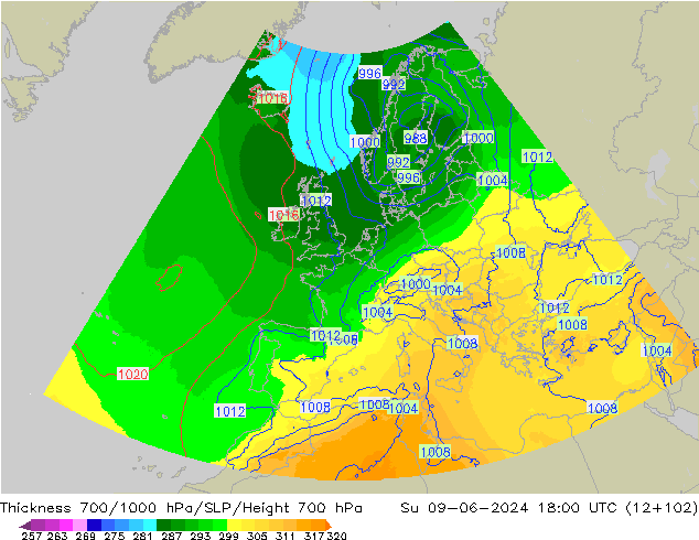 Thck 700-1000 hPa UK-Global dom 09.06.2024 18 UTC