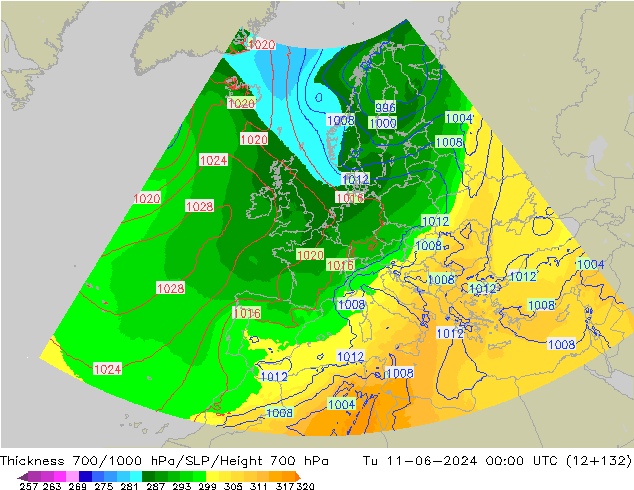 Thck 700-1000 hPa UK-Global mar 11.06.2024 00 UTC