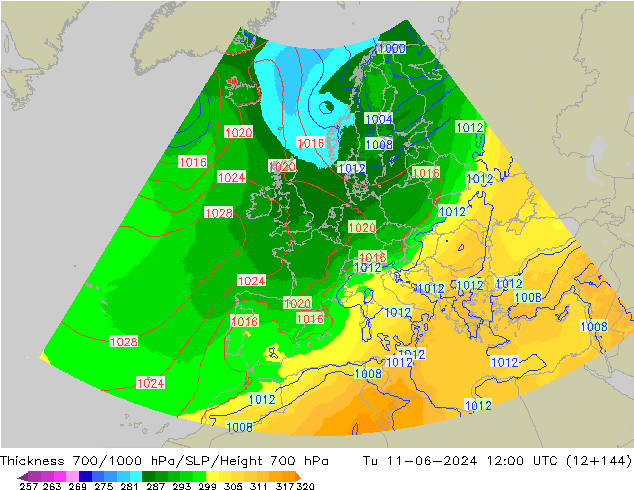 700-1000 hPa Kalınlığı UK-Global Sa 11.06.2024 12 UTC