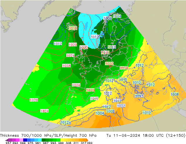 Thck 700-1000 гПа UK-Global вт 11.06.2024 18 UTC