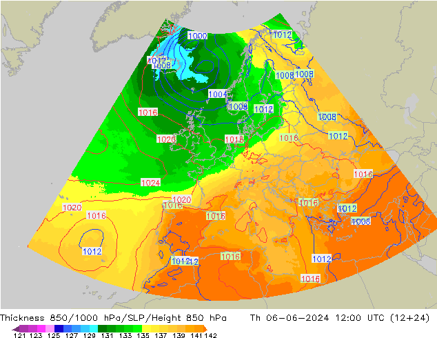 Schichtdicke 850-1000 hPa UK-Global Do 06.06.2024 12 UTC