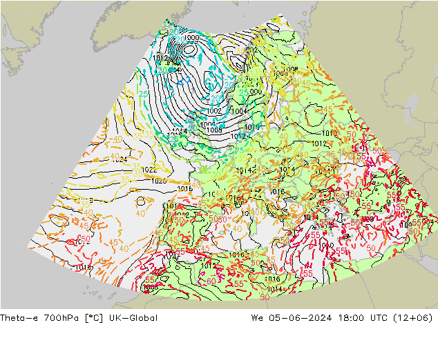 Theta-e 700hPa UK-Global We 05.06.2024 18 UTC