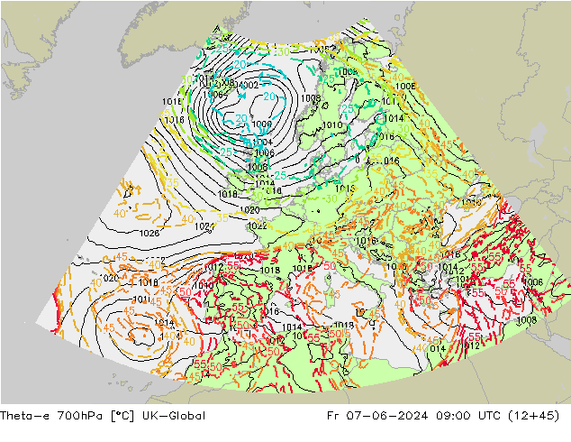 Theta-e 700hPa UK-Global Fr 07.06.2024 09 UTC