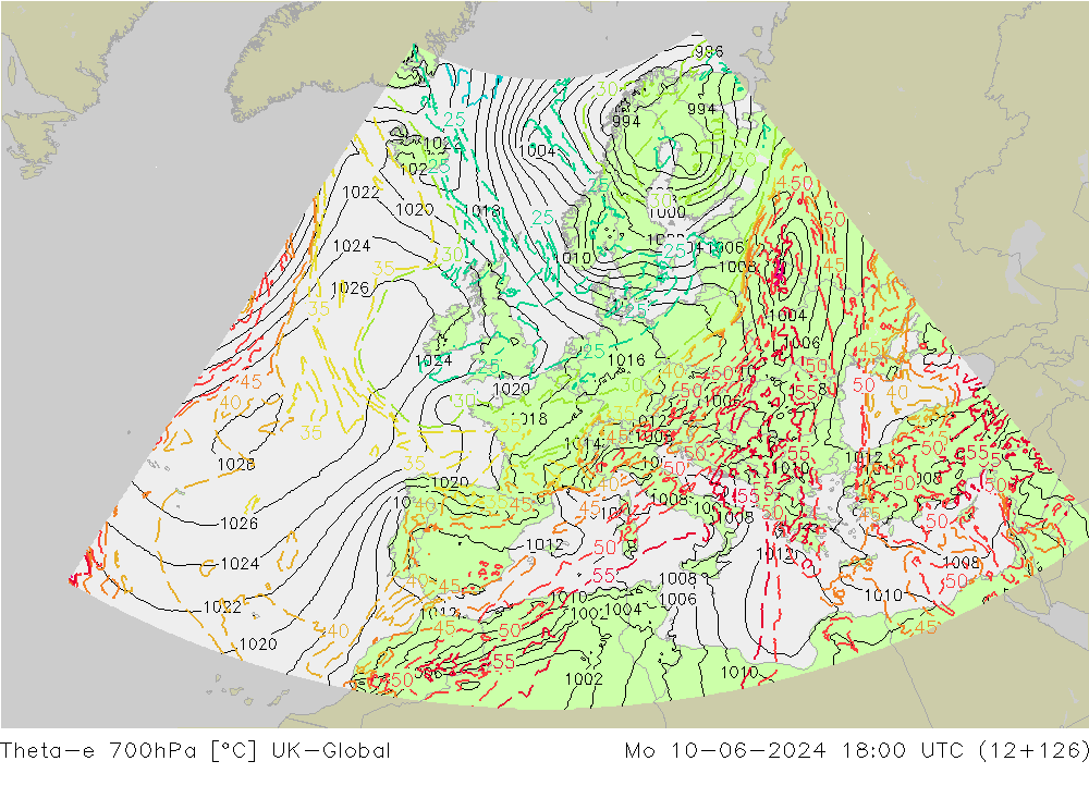 Theta-e 700hPa UK-Global pon. 10.06.2024 18 UTC