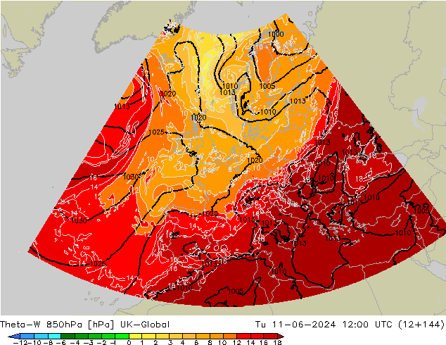 Theta-W 850hPa UK-Global Tu 11.06.2024 12 UTC