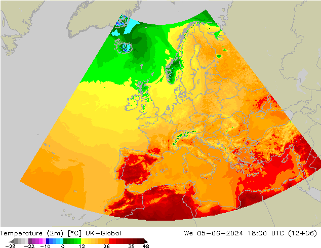 Temperatuurkaart (2m) UK-Global wo 05.06.2024 18 UTC