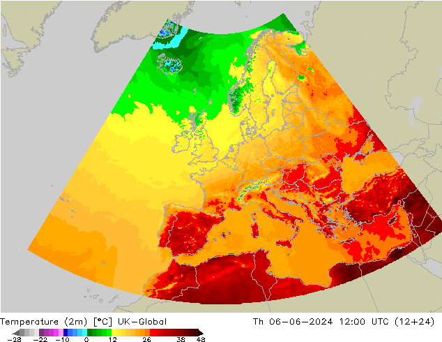 température (2m) UK-Global jeu 06.06.2024 12 UTC